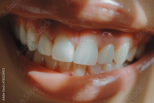 A detailed image showcasing a close-up of a person's smile focusing on clean and healthy teeth photo