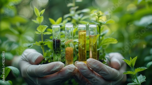 Biotechnology, Science of Genetic Engineering. Scientist experiments with genetically modified plants, laboratory, test tubes, plants obtained by new genomics techniques, mutagenesis. Generative ai