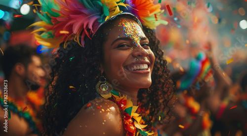 Woman celebrating of Brazil's Sao Joao festival or Fiesta Junina with traditional food like corn, peanut candy and pine kernels. Brazilian June party concept. Generative ai