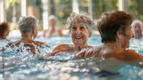 Elderly women doing exercise on the indoor pool of a nursing home. senior movement and recreation, never too old for working out. Generative ai photo
