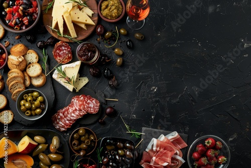 Italian antipasti wine snacks including bruschetta cheese olives pickles Prosciutto di Parma salami and wine on black background viewed from top