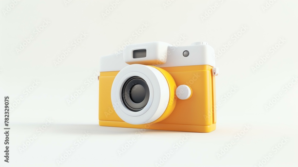 A 3D rendering of a yellow and white camera on a white background. The camera is in focus and there is a slight shadow on the bottom of the camera.