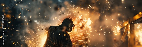 A skilled welder in protective gear working diligently with sparks illuminating the dark work environment photo