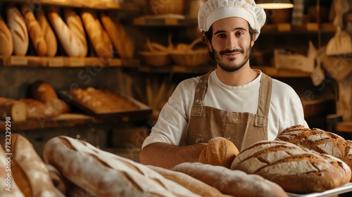 Bearded baker smiling at the camera. He is wearing a white chef's hat and apron. In the background are shelves of bread. photo