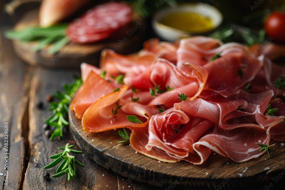 Italian cured meats with herbs Prosciutto and Salami slices Delicious starter Rustic wooden background Close up shot