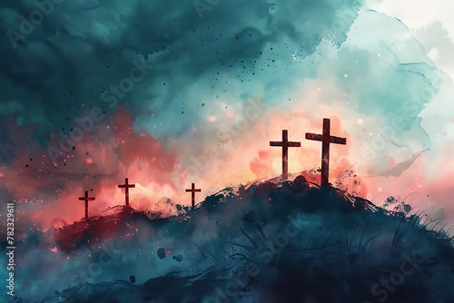 "Crosses of Jesus Christ on the Hill: Digital Watercolor Painting"