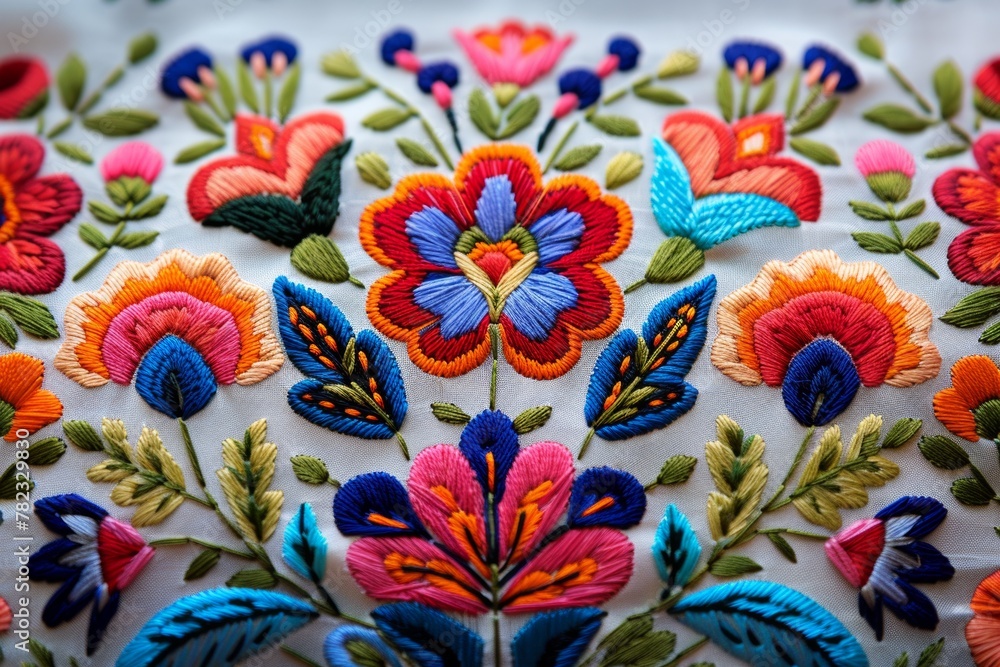 Exquisite Czech embroidery, detailed floral patterns on white fabric