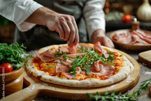 Italian pizza prepared by chef in modern kitchen with traditional toppings