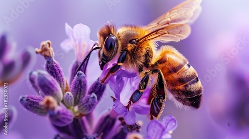 A bee pollinates a lavender flower. The bee is covered in yellow and black stripes, and the lavender flower is purple.