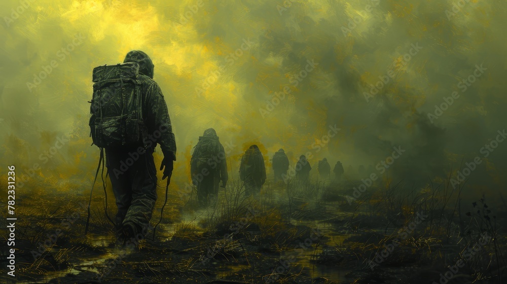   A man with a backpack traverses a foggy field, surrounded by a crowd of onlookers