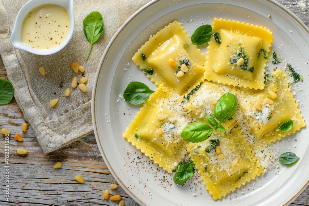Italian ravioli with ricotta and spinach topped with parmesan cheese and pine nuts on a white plate with sauce on the side close up view Italian ravioli with ricotta and spinach topped with parmesan cheese and pine nuts on a white plate with sauce on the side close up view