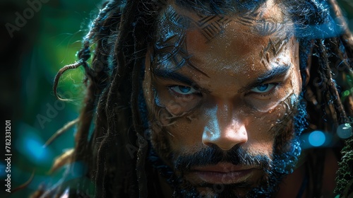  A tight shot of a man with dreadlocks and intense blue gaze directly into the lens