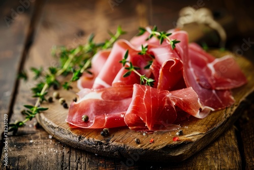 Italian Prosciutto with thyme on wood background