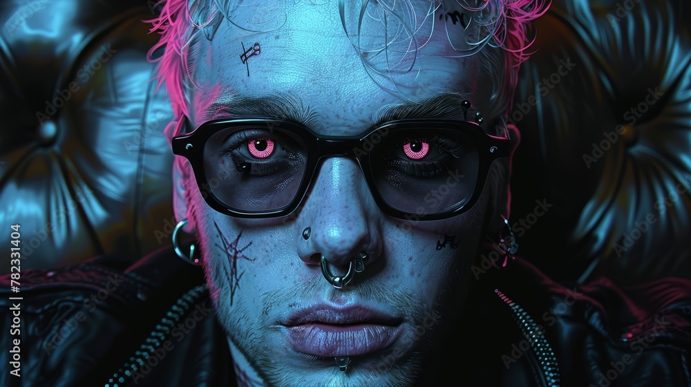 A tight shot of an individual wearing glasses, sporting pink hair, and adorned with piercings in both nostrils A tight shot of an individual wearing glasses, sporting pink hair, and adorned with piercings in both nostrils