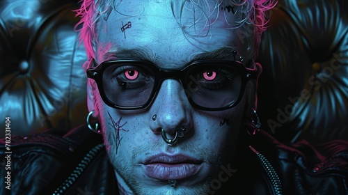  A tight shot of an individual wearing glasses, sporting pink hair, and adorned with piercings in both nostrils