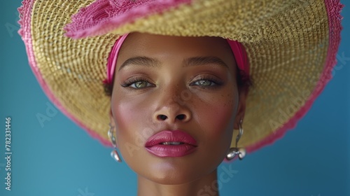   A mannequin's head, up-close, dons a straw hat The brim is adorned with a pink ribbon