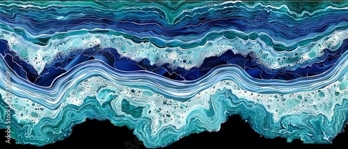  A wave-like work of art in blue and white paint against a black backdrop