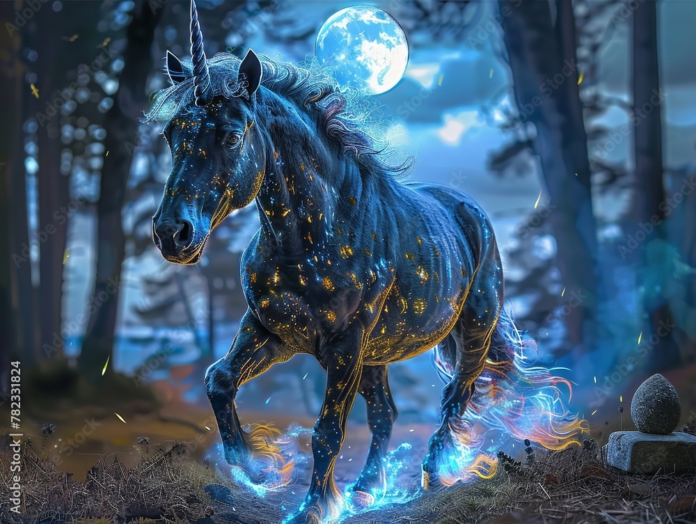 Obraz premium Draw a majestic unicorn galloping through a regal kingdom under a noble moon