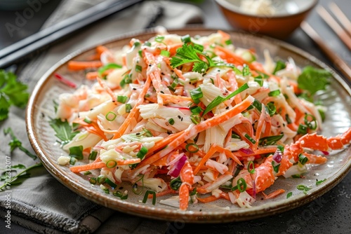 Japanese crab salad with crunchy cucumber carrots and spicy mayo dressing Closeup shot on table