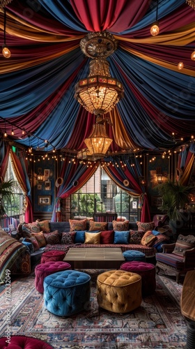 Eclectic Bohemian Lounge Interior with Vibrant Drapery and Cozy Seating Arrangement