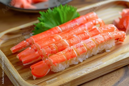 Japanese style crab stick sushi served on a wooden plate
