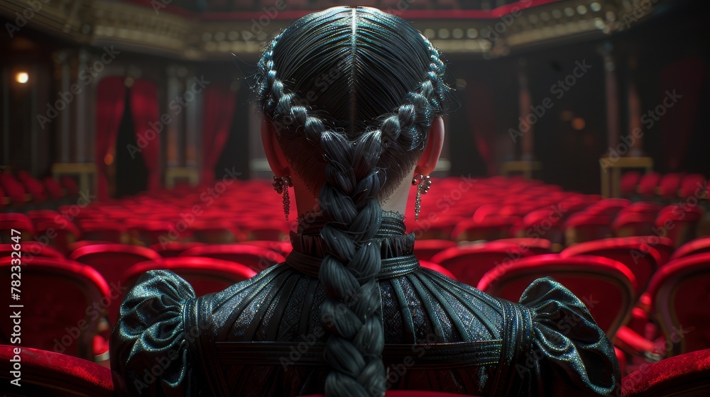   Woman's head with braids faced red auditorium, filled with red chairs