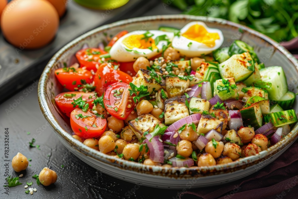 Jerusalem Salad Tomato cucumber red onion and parsley with grilled eggplant chickpeas egg and tahini sauce