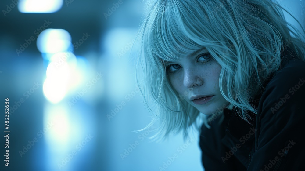 A woman in a black jacket gazes seriously into the camera, her blonde hair framing her face A woman in a black jacket gazes seriously into the camera, her blonde hair framing her face