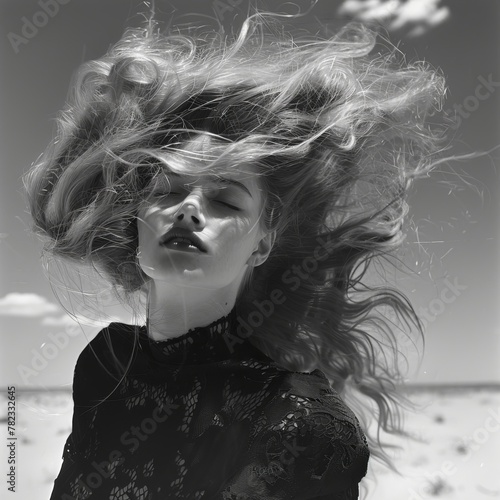   A black-and-white image of a woman with wind-blown hair