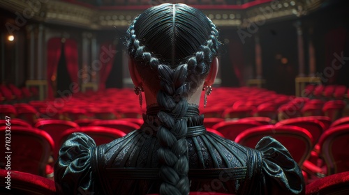  Woman's head with braids faced red auditorium, filled with red chairs