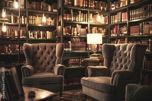 Sophisticated Private Library with Leather Armchairs and Classical Ambiance at Evening © Ryzhkov