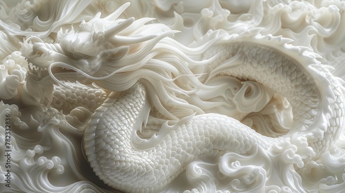  A white dragon sculpture atop a pristine white paper, bearing a dragon in relief on its back