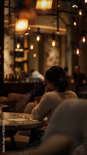 Young Asian Woman Enjoying Solitude in Cozy Evening Cafe Setting © Ryzhkov