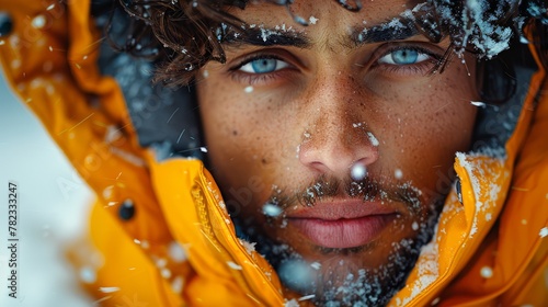   A tight shot of a man in a yellow jacket, snow covering his face completely, hood obscuring his head photo