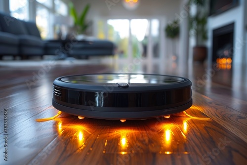 Robotic vacuum moving with lights on photo