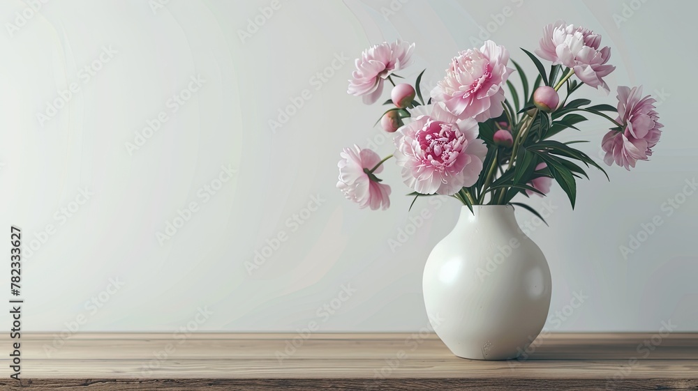 a vase filled with delicate pink peonies resting on an aged wooden table, set against the backdrop of weathered gray walls, evoking a rustic and natural ambiance.