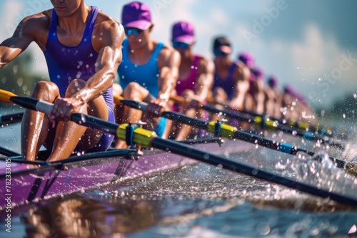 Women rowing together on the water photo