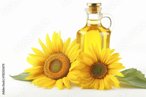 Sunflower oil bottle on table field view in background