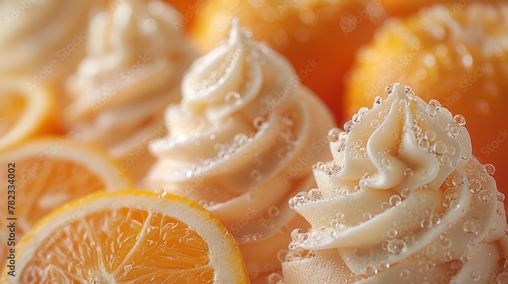 oranges with white frosted cupcakes, an orange slice beside oranges with white frosted cupcakes, an orange slice beside