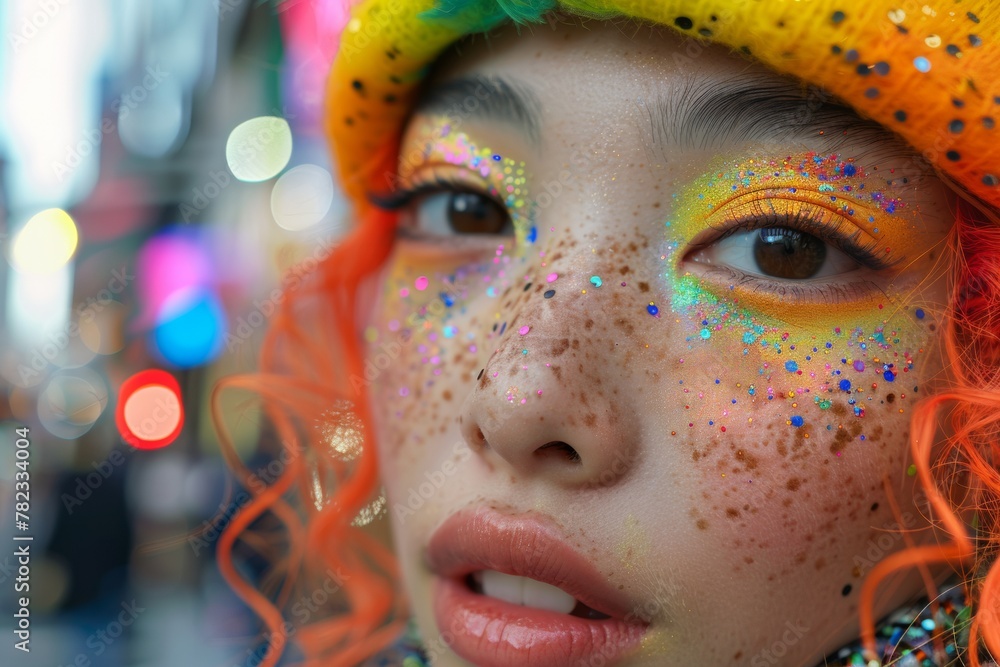 Young Asian Woman with Colorful Makeup in Urban Evening Setting Young Asian Woman with Colorful Makeup in Urban Evening Setting