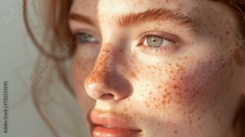 Close-up Portrait of Young Redheaded Woman with Freckles in Natural Light
