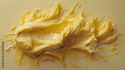  A tight shot of a yellow substance on a pristine white background, with droplets of yellow liquid emerging from its peak