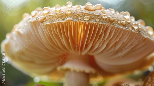 Raindrops on a mushroom cap. The mushroom is in focus, with a blurred background. The raindrops are glistening in the light.