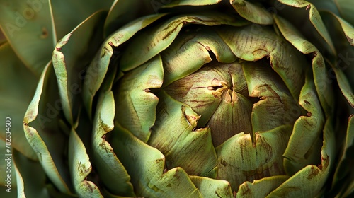 Green artichoke vegetable, also known as Cynara cardunculus, with thorny leaves and a fuzzy, edible center. photo