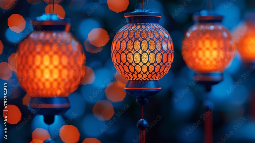   A tight shot of multiple lights on a pole against a hazy backdrop of illuminated surroundings - obrazy, fototapety, plakaty 