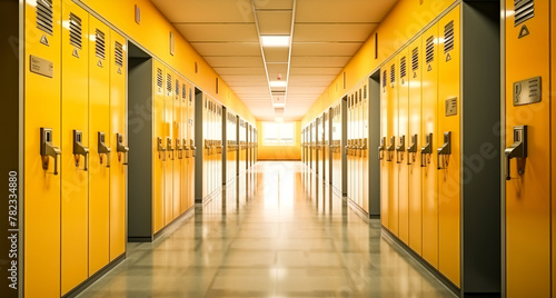 A school hallway featuring yellow lockers, with a beam of light illuminating the floor, capturing the essence of Back to School