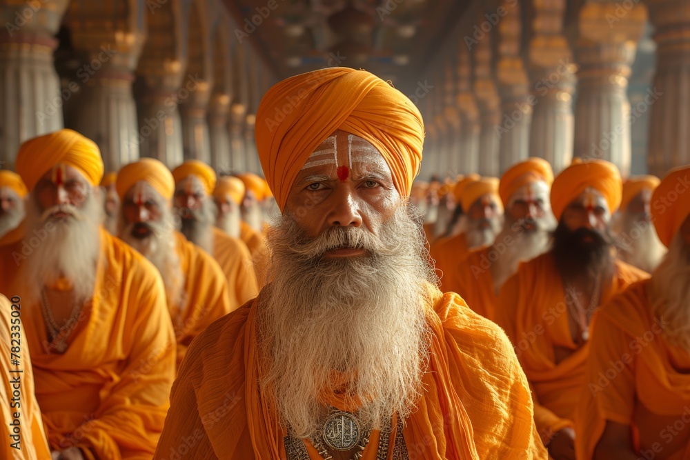 Group of men in orange turbans standing together