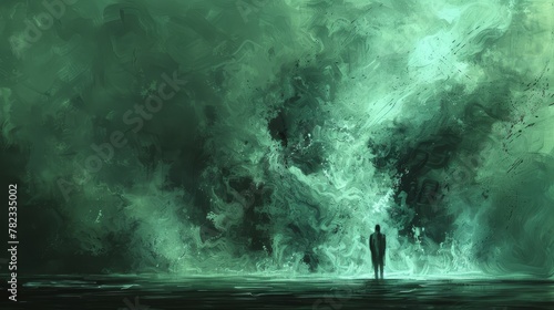  A man stands in a large body of water, background featuring a massive cloud of smoke