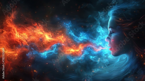   A woman's face, tightly framed, against a backdrop of fiery flames and swirling blue-orange smoke