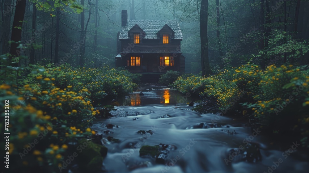   A house situated in a forest with a stream running through the foreground - obrazy, fototapety, plakaty 